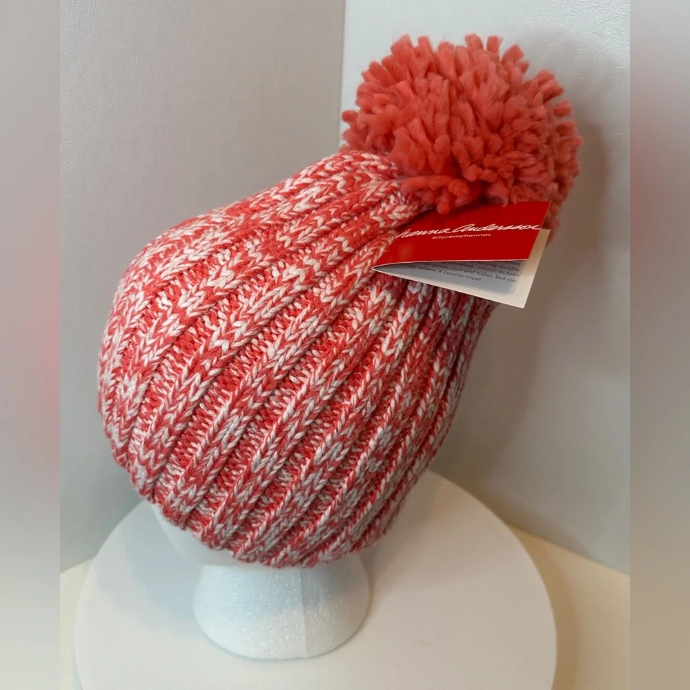 Hanna Andersson Girls Knit Hat Beanie NWT Coral Pink Pom Pom Size Large